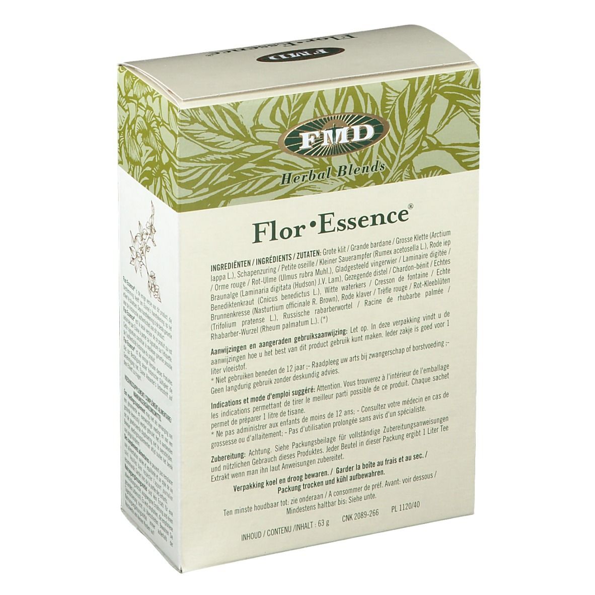 Rückseite der Flor-Essence Kräutermischung Verpackung. Zutatenliste, Hinweise und Herstellerinformationen.