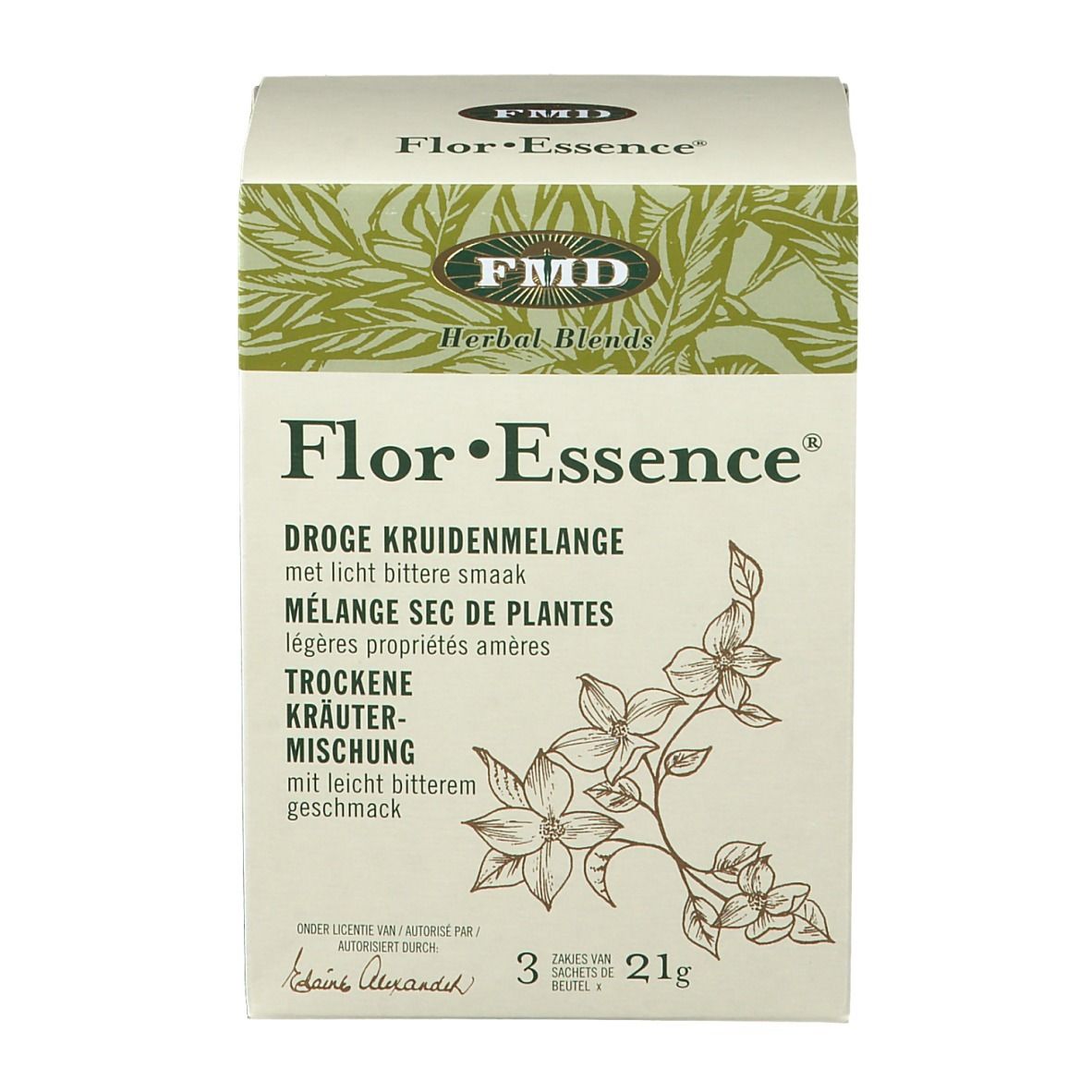 Vorderansicht der Flor-Essence Kräutermischung Verpackung. Text in Deutsch, Niederländisch, Französisch. 3 Beutel, 21g.