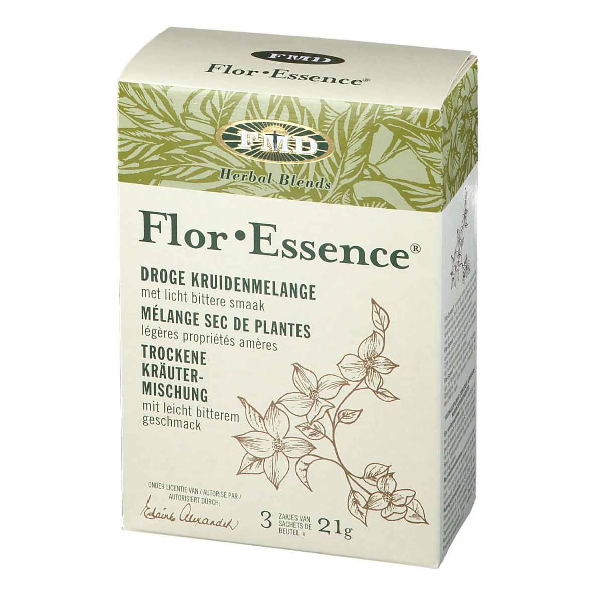 Vorderansicht der Flor-Essence Kräutermischung Verpackung. Text in Deutsch, Niederländisch, Französisch. 3 Beutel, 21g.