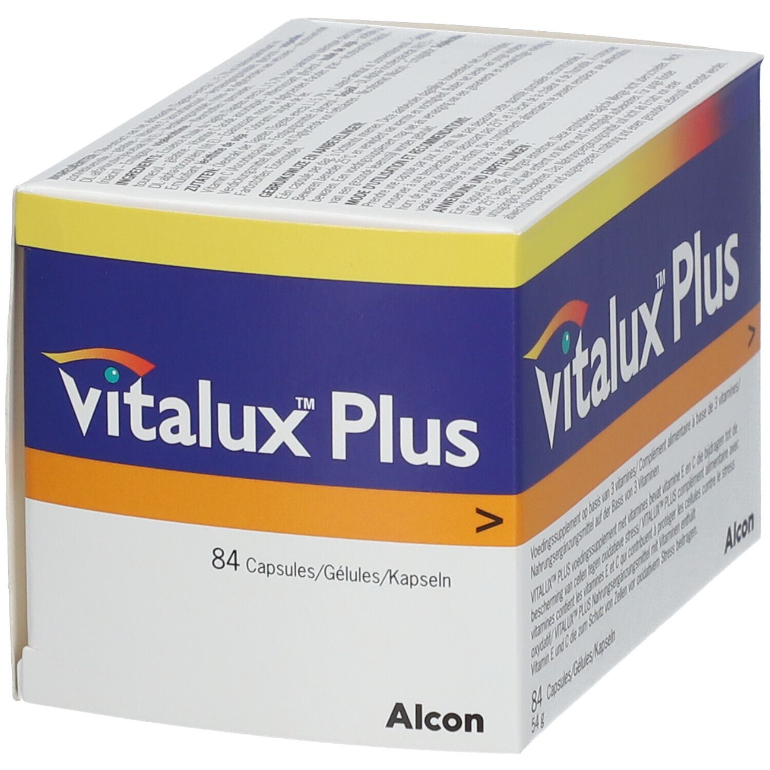 Scatola Vitalux Plus, blu-giallo-bianco. Contiene 84 capsule. Logo Alcon. Testo multilingue.
