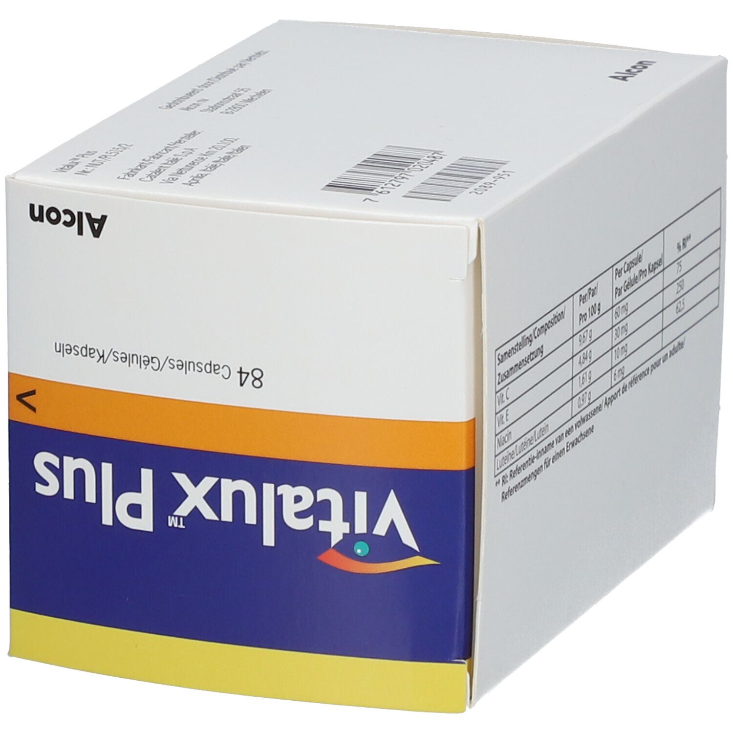 Scatola Vitalux Plus, blu-bianco. Contiene 84 capsule. Logo Alcon. Testo multilingue.