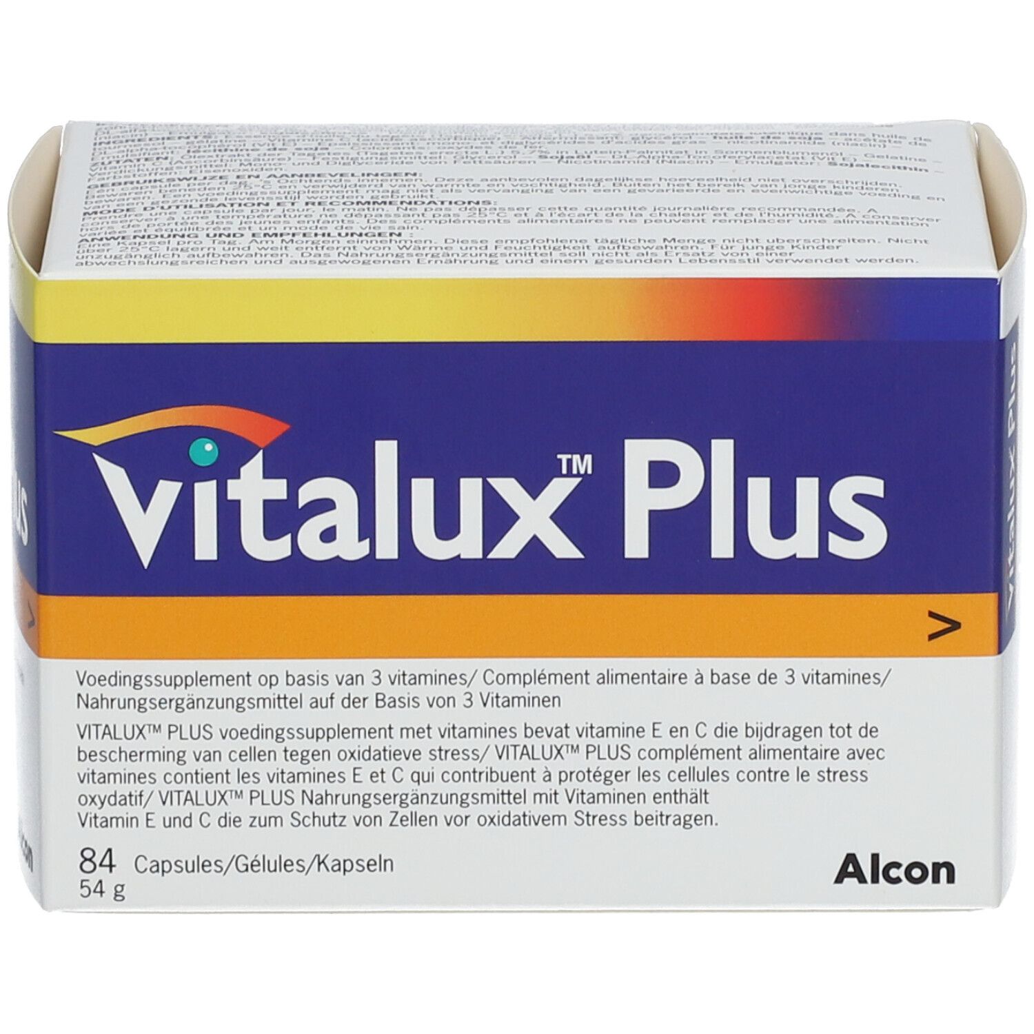 Scatola Vitalux Plus, blu-bianco. Contiene 84 capsule. Logo Alcon. Testo multilingue.