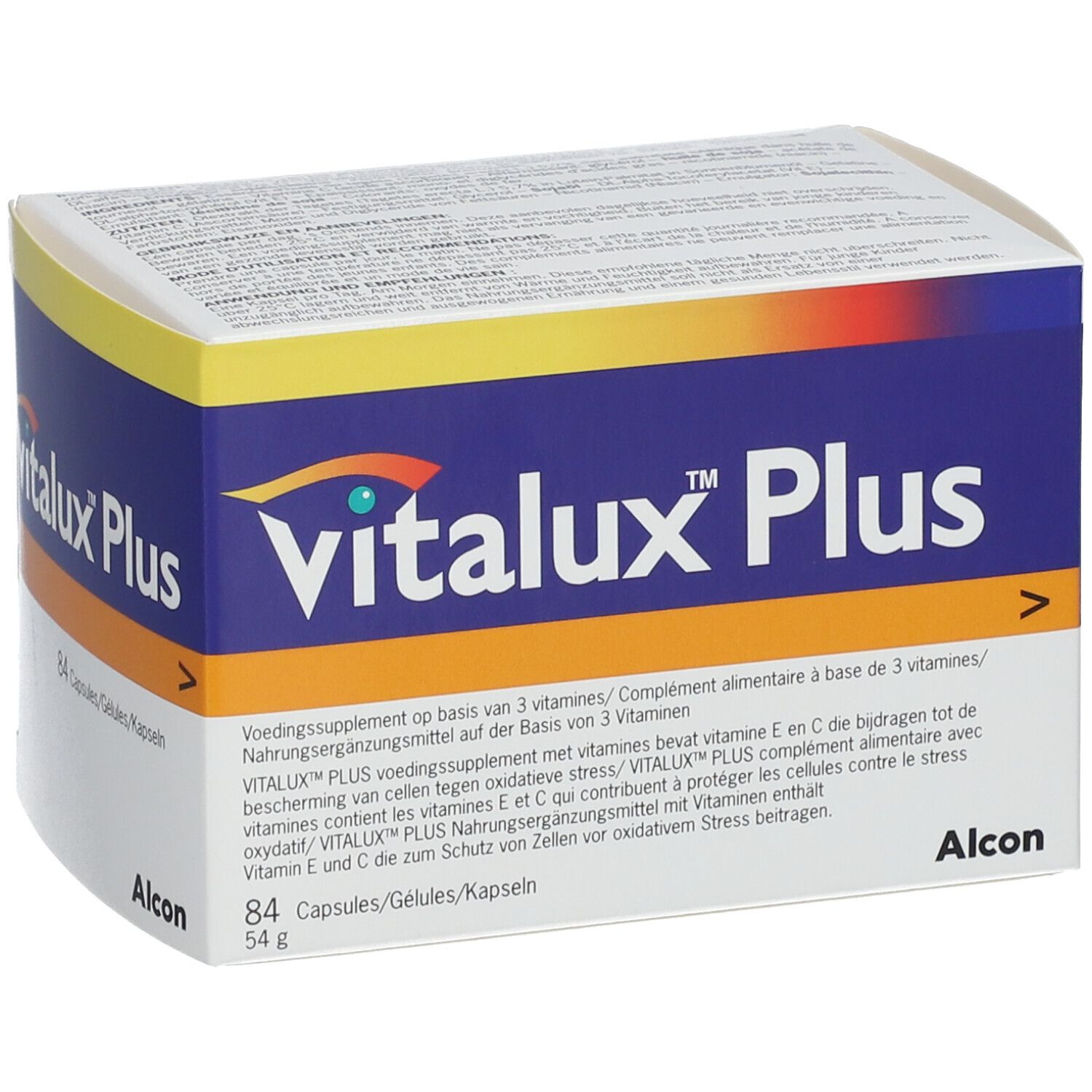 Scatola Vitalux Plus, blu-bianco. Contiene 84 capsule. Logo Alcon. Testo multilingue.