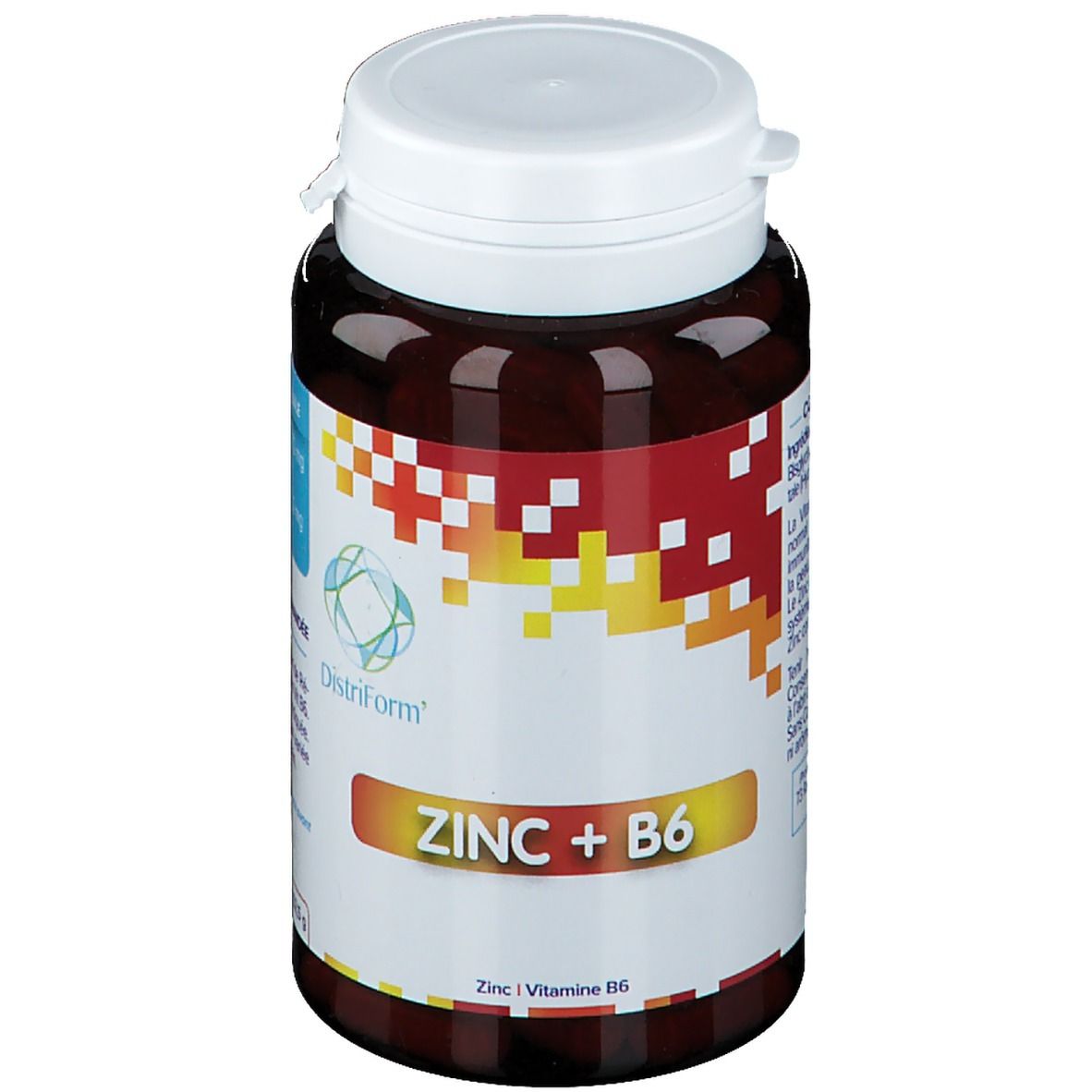 Bruine fles met witte dop. Op het etiket staat "ZINC + B6". Merk: Distriform. Bevat zink en vitamine B6.