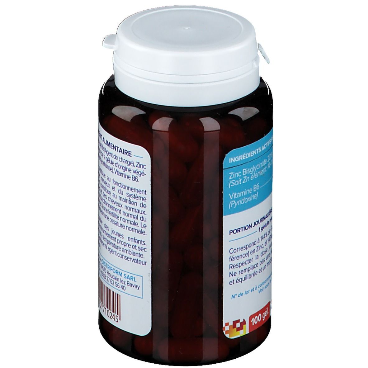 Bruine fles met witte dop. Etiket toont ingrediënten en voedingswaarden. Merk: Distriform. Bevat 100 g.