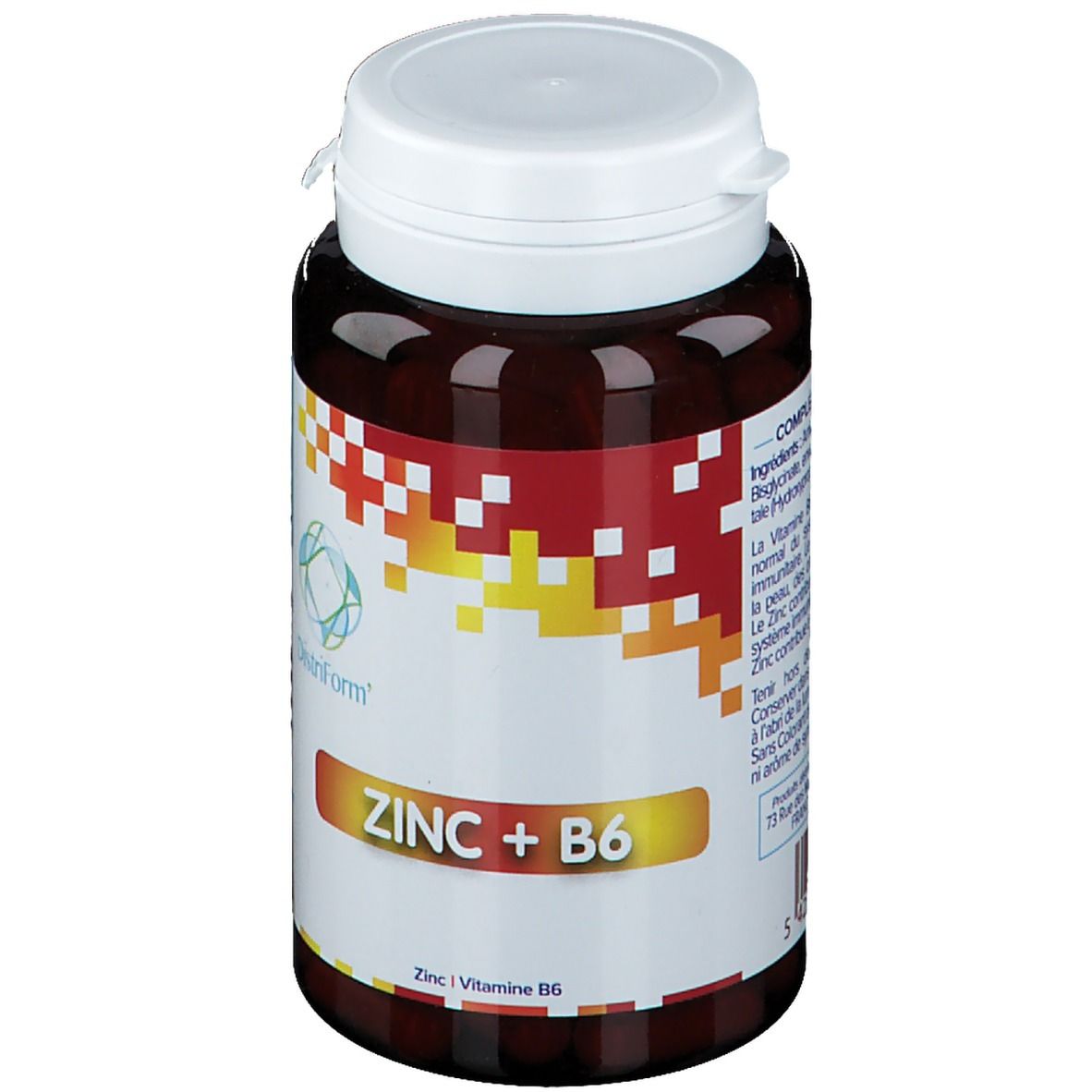 Bruine fles met witte dop. Op het etiket staat "ZINC + B6". Merk: Distriform. Bevat zink en vitamine B6.