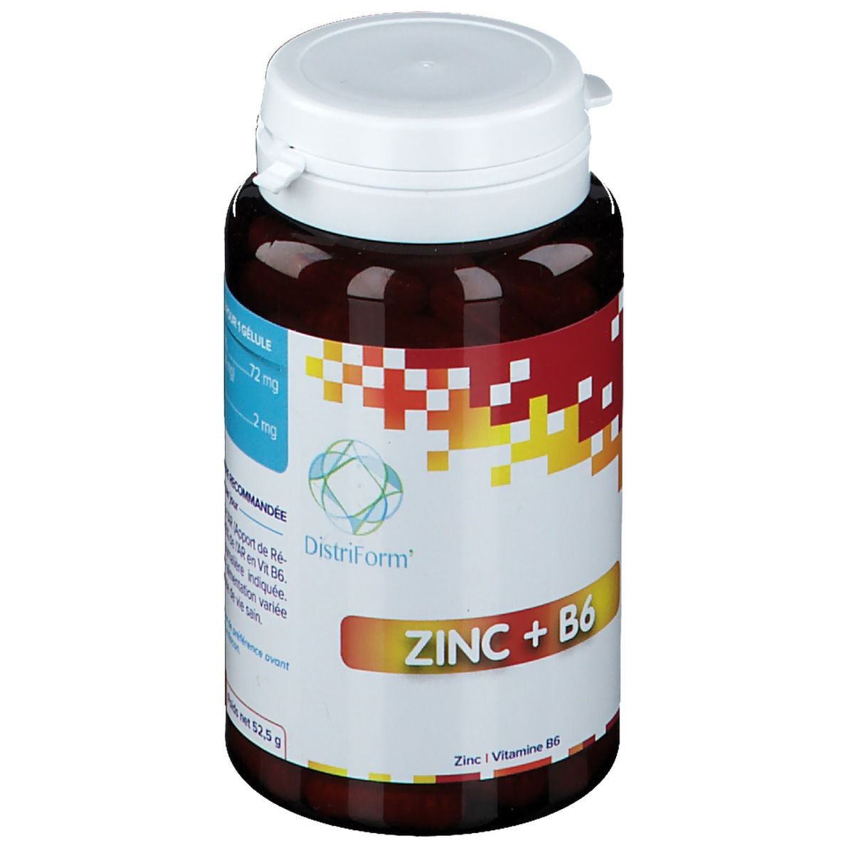Bruine fles met witte dop. Op het etiket staat "ZINC + B6". Merk: Distriform. Bevat zink en vitamine B6.