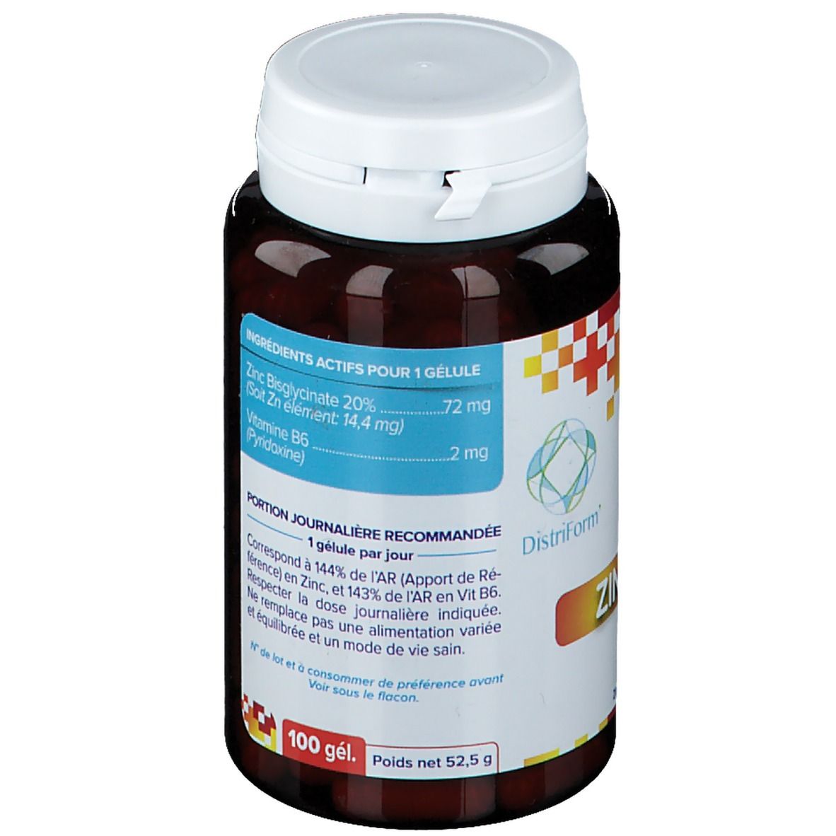 Bruine fles met witte dop. Etiket toont ingrediënten en voedingswaarden. Merk: Distriform. Bevat 100 g.