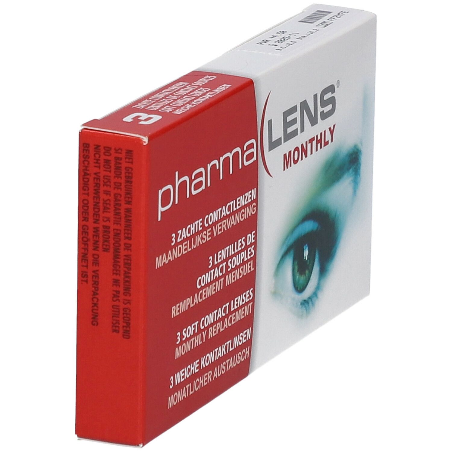 Boîte PharmaLens Monthly. Rouge et blanc. Contient 3 lentilles. Inscription : LENS MONTHLY, œil.