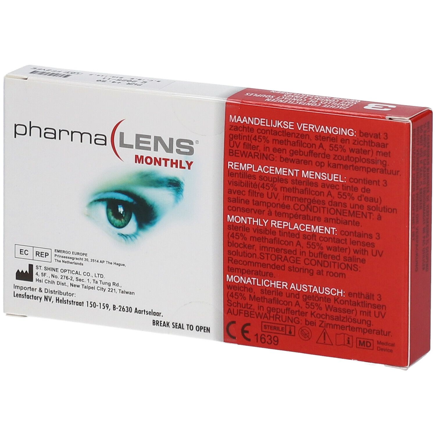 Boîte PharmaLens Monthly. Contient 3 lentilles. Inscription : LENS MONTHLY, œil. Texte en plusieurs langues.