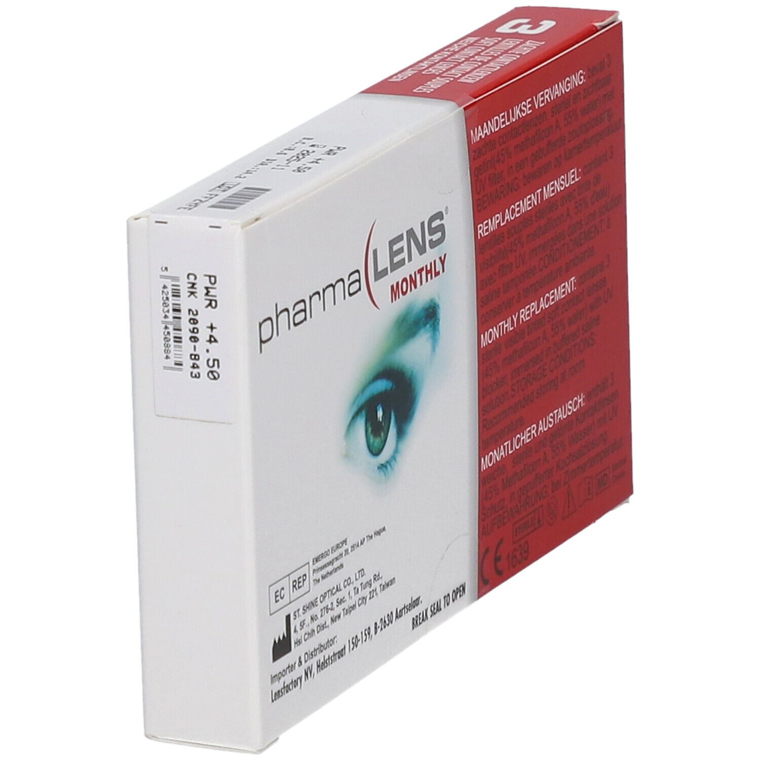 Boîte PharmaLens Monthly. Contient 3 lentilles. Inscription : LENS MONTHLY, œil. Dioptrie +4.50.