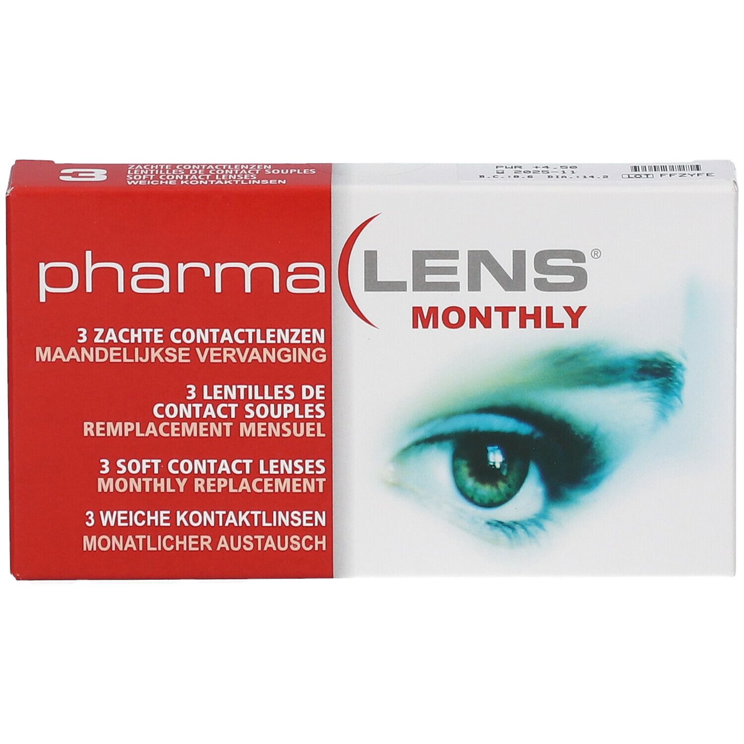 Boîte PharmaLens Monthly. Contient 3 lentilles. Inscription : LENS MONTHLY, œil. Texte multilingue.