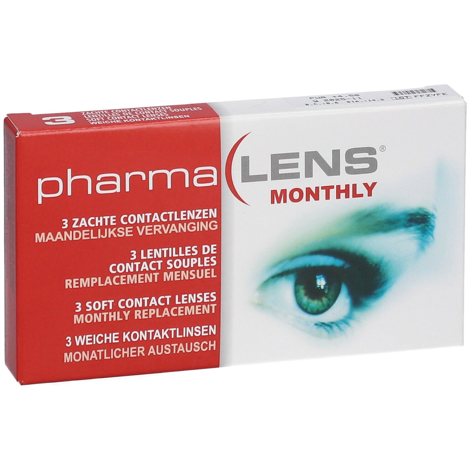 Boîte PharmaLens Monthly. Contient 3 lentilles. Inscription : LENS MONTHLY, œil. Texte multilingue.