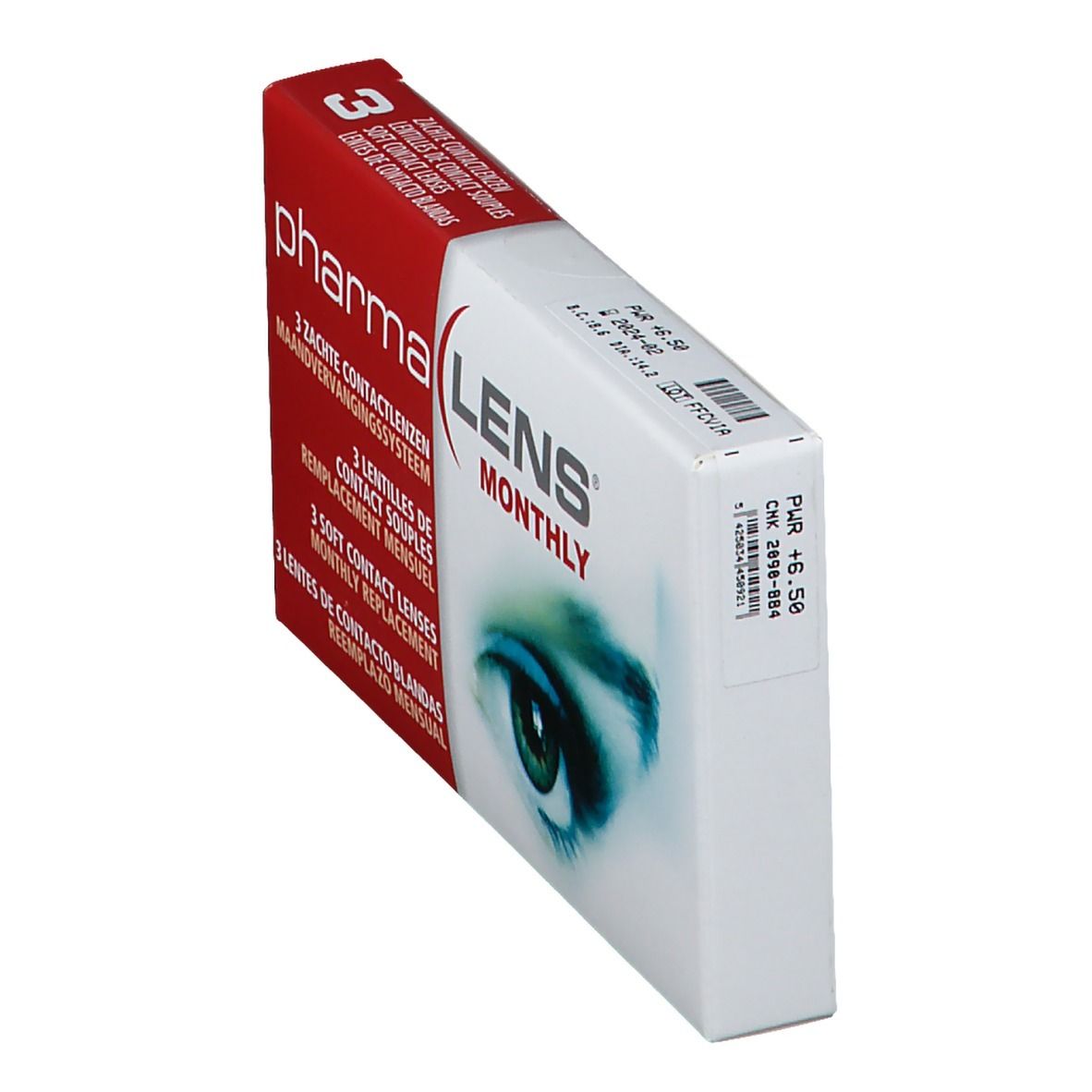 Boîte de lentilles de contact PharmaLens Monthly, vue en biais. Emballage rouge et blanc avec inscriptions multilingues. 3 lentilles.