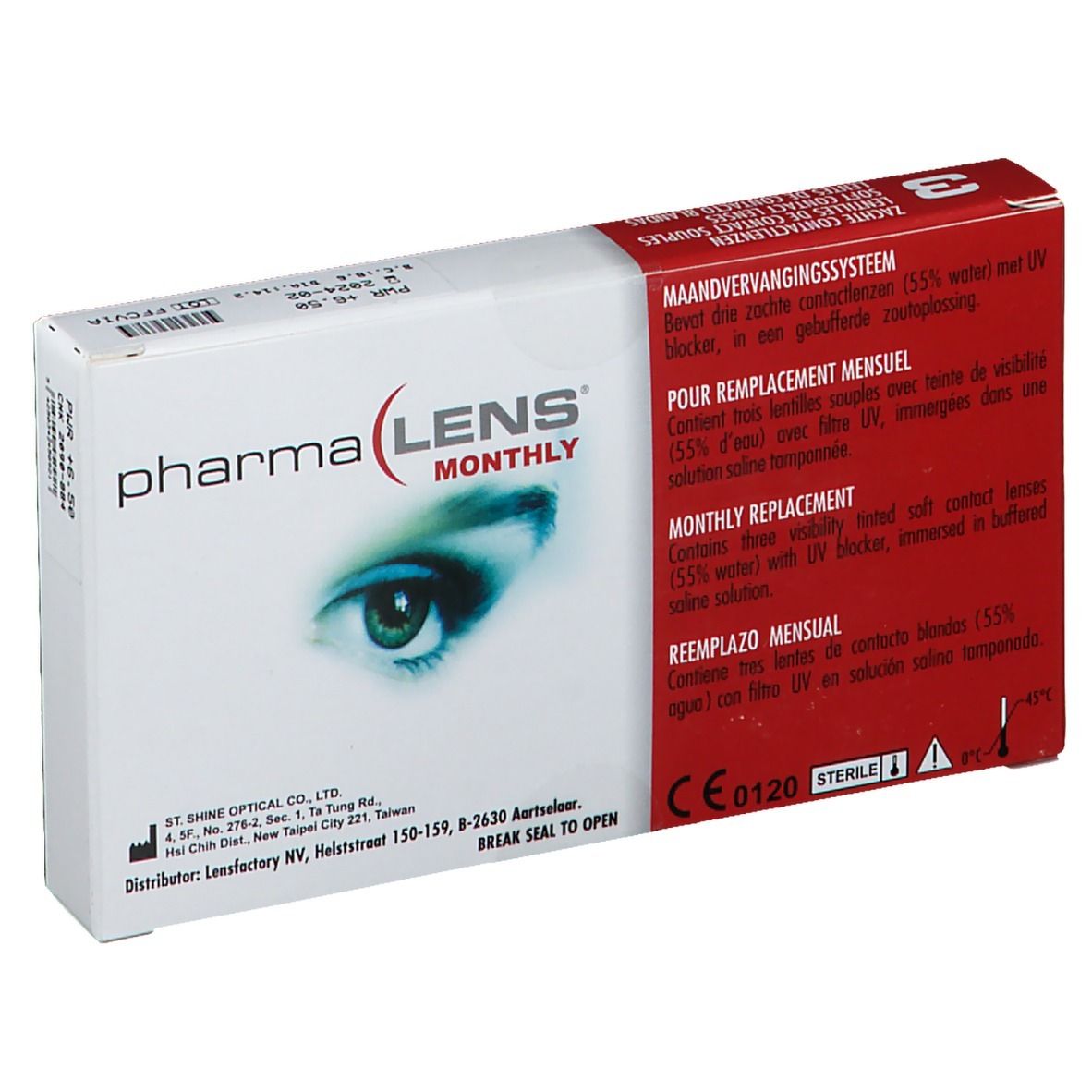 Boîte de lentilles de contact PharmaLens Monthly. Boîte blanche avec côté rouge. Inscriptions multilingues. Marquage CE.