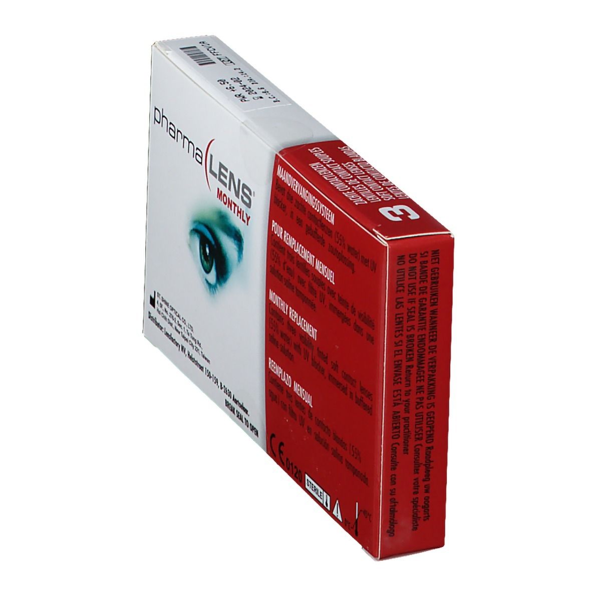 Boîte de lentilles de contact PharmaLens Monthly, en biais. Emballage rouge et blanc. Inscriptions multilingues. Contient 3 lentilles.