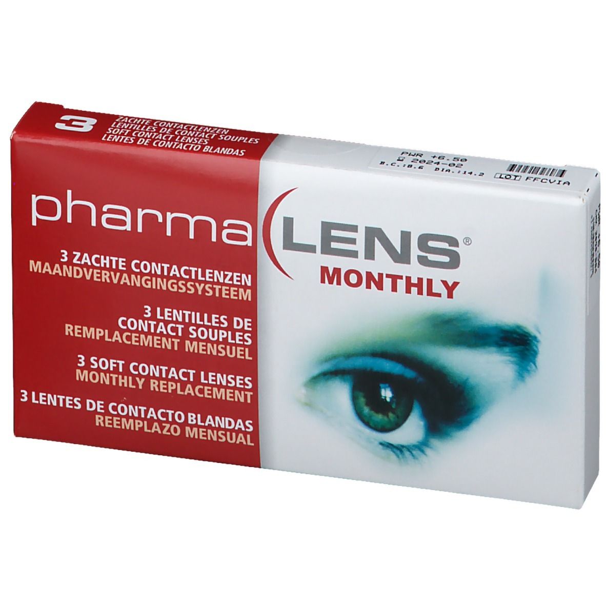 Boîte de lentilles de contact PharmaLens Monthly. Boîte rouge et blanche avec inscriptions multilingues. Contient 3 lentilles.