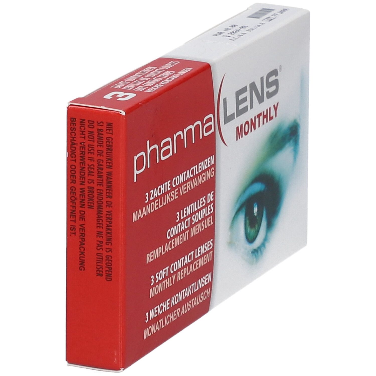 Boîte de lentilles mensuelles PharmaLens. Vue latérale, boîte rouge et blanche avec texte et un œil.