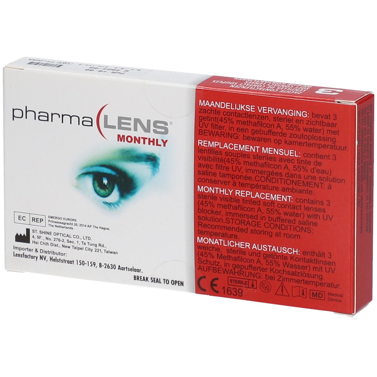 Boîte de lentilles mensuelles PharmaLens. Boîte blanche avec côté rouge, texte et un œil. Marquage CE.