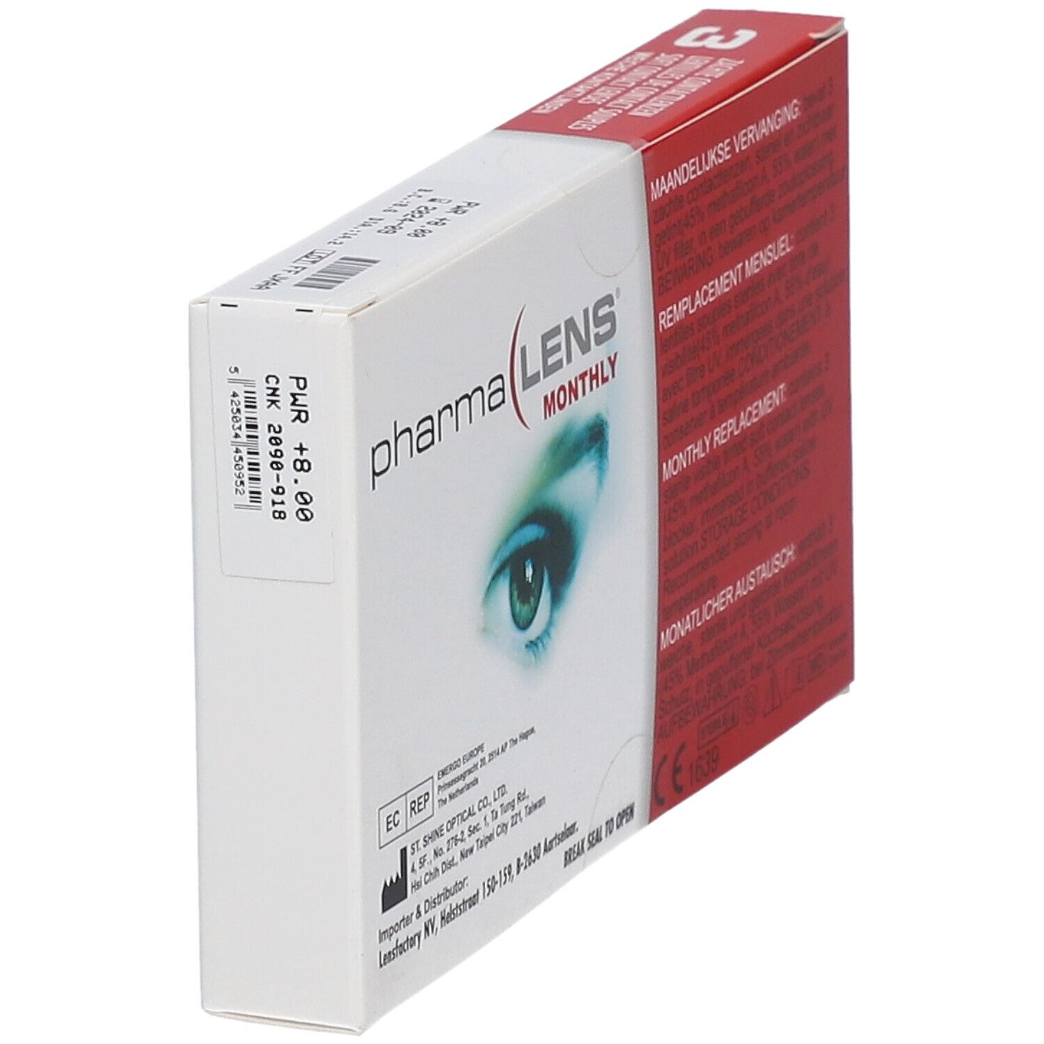 Boîte de lentilles mensuelles PharmaLens. Boîte blanche avec côté rouge, texte, œil et étiquette +8.00.