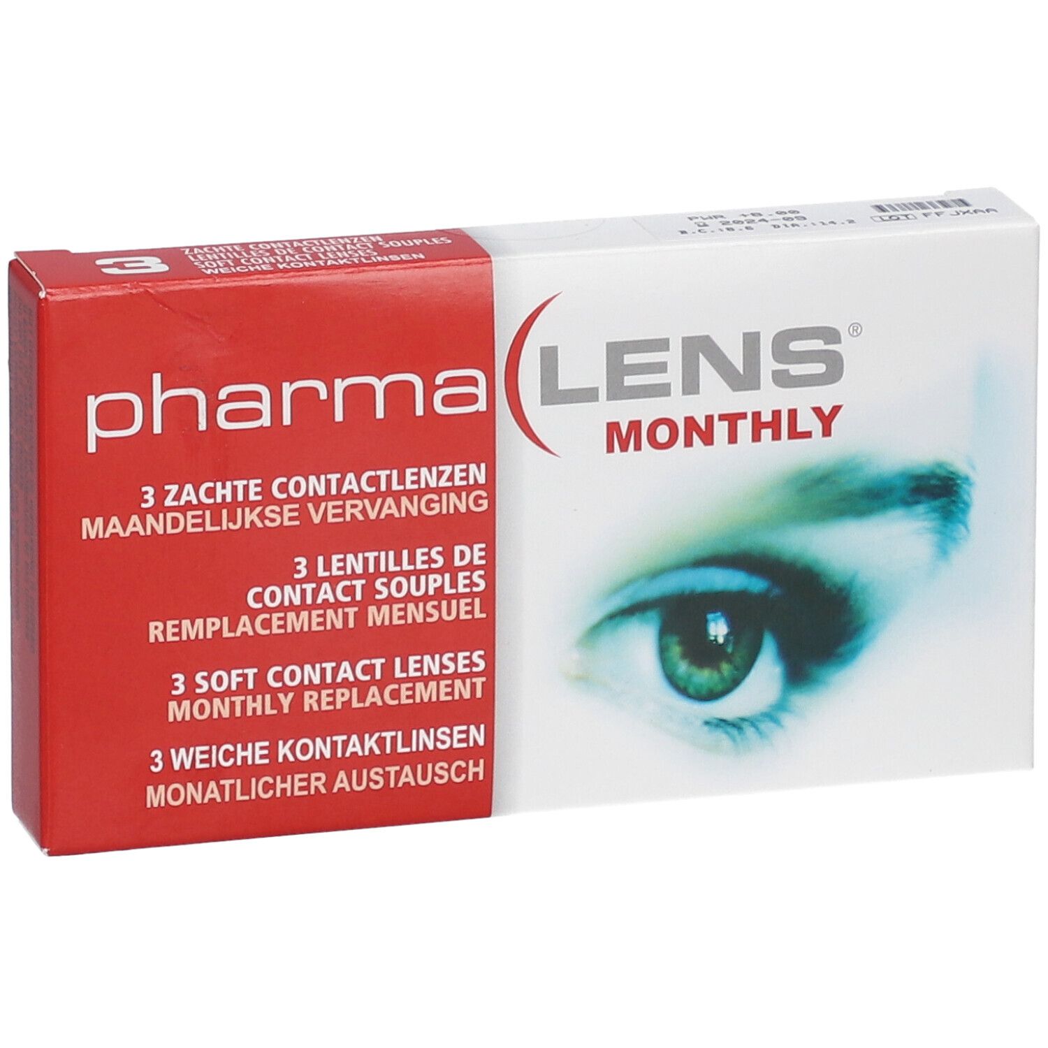 Boîte de lentilles mensuelles PharmaLens. Boîte rouge et blanche avec texte et un œil.