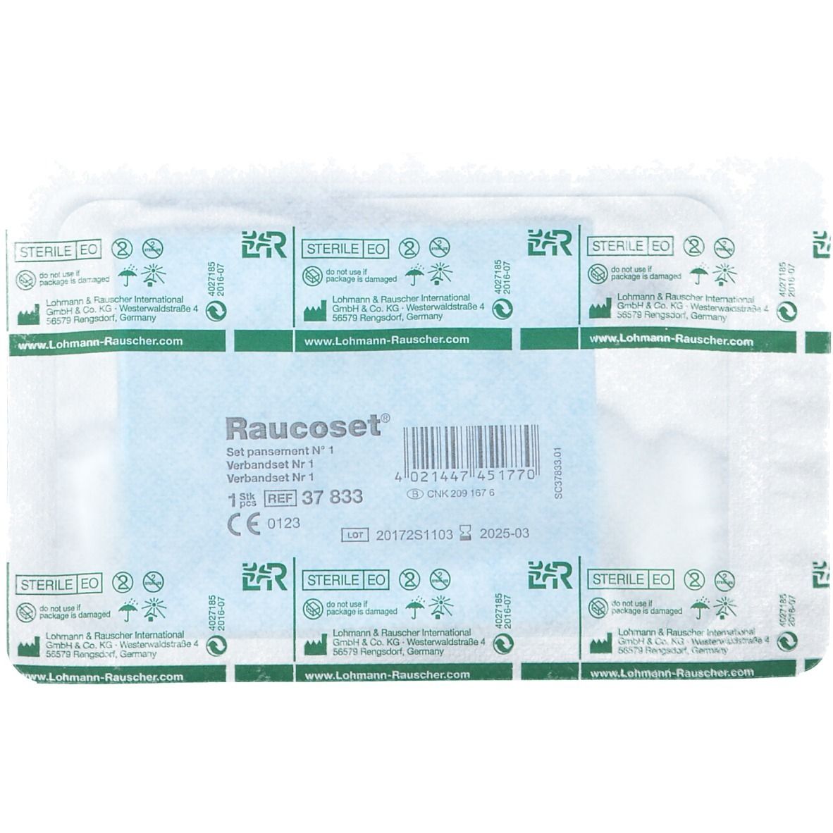 Steriele verpakking Raucoset. Productinformatie, barcode en CE-markering. Houdbaar tot 2025-03.