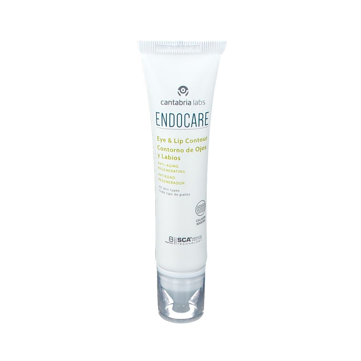 Witte tube met groene opdruk. Bevat Eye & Lip Contour. Met transparante applicator. Merk: Endocare.