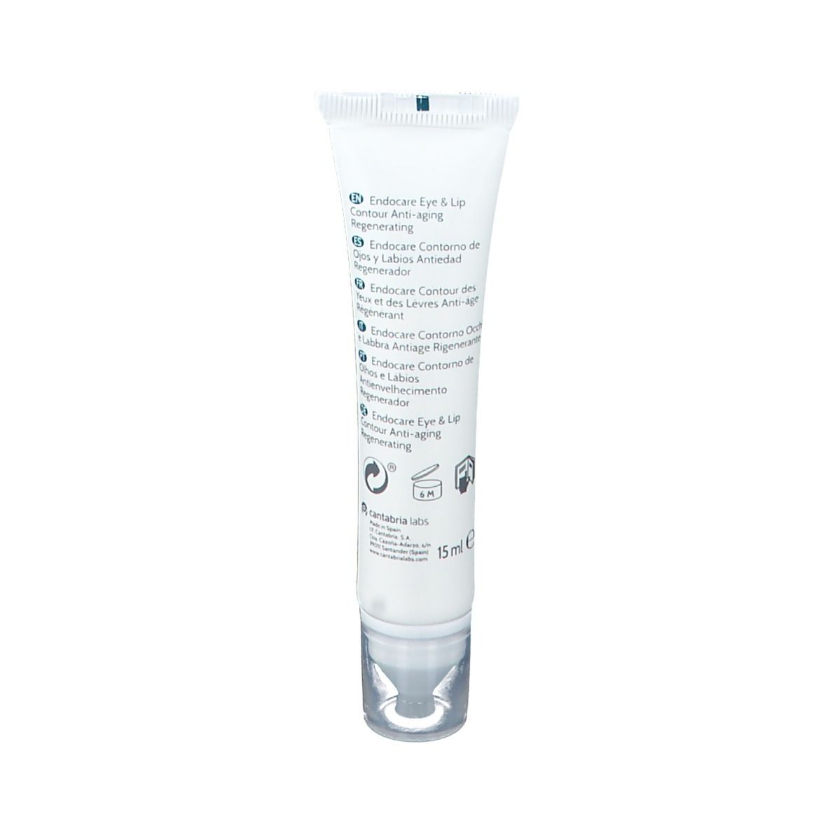 Achterkant van de witte tube. Meertalige tekst. Bevat informatie over het product. Merk: Endocare. Volume: 15 ml.