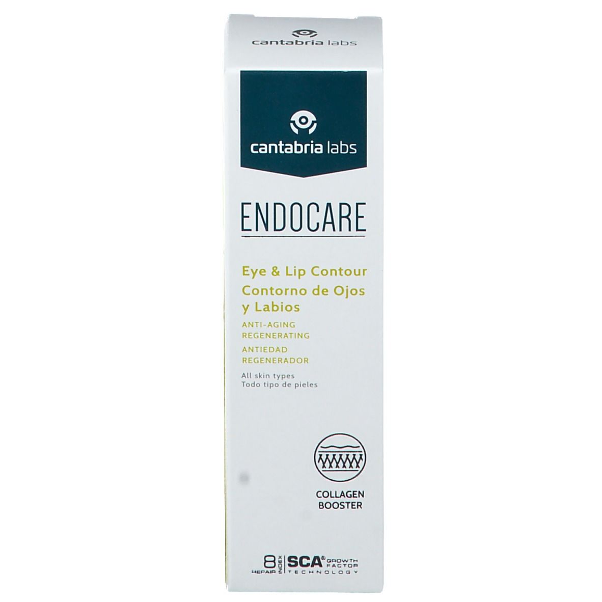 Witte productverpakking met groene opdruk. Bevat Eye & Lip Contour. Merk: Endocare. Met Collagen Booster.