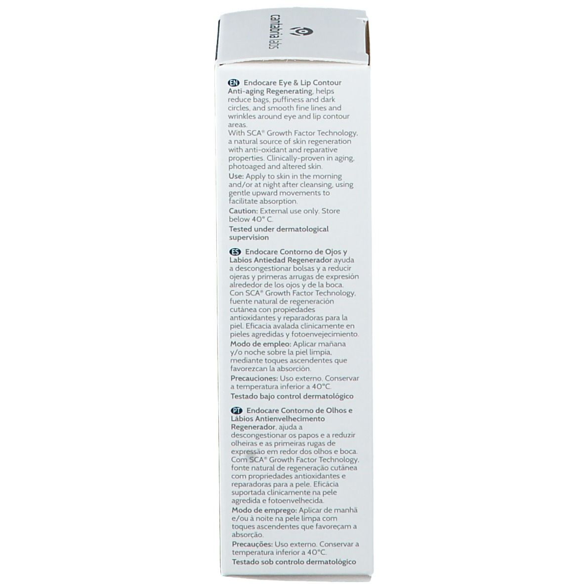Achterkant van de productverpakking. Meertalige tekst. Bevat informatie over het product. Merk: Endocare. Dermatologisch getest.