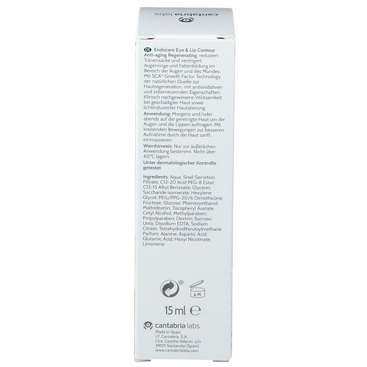 Achterkant van de productverpakking. Bevat ingrediënten en volume. Merk: Endocare. Volume: 15 ml. Dermatologisch getest.