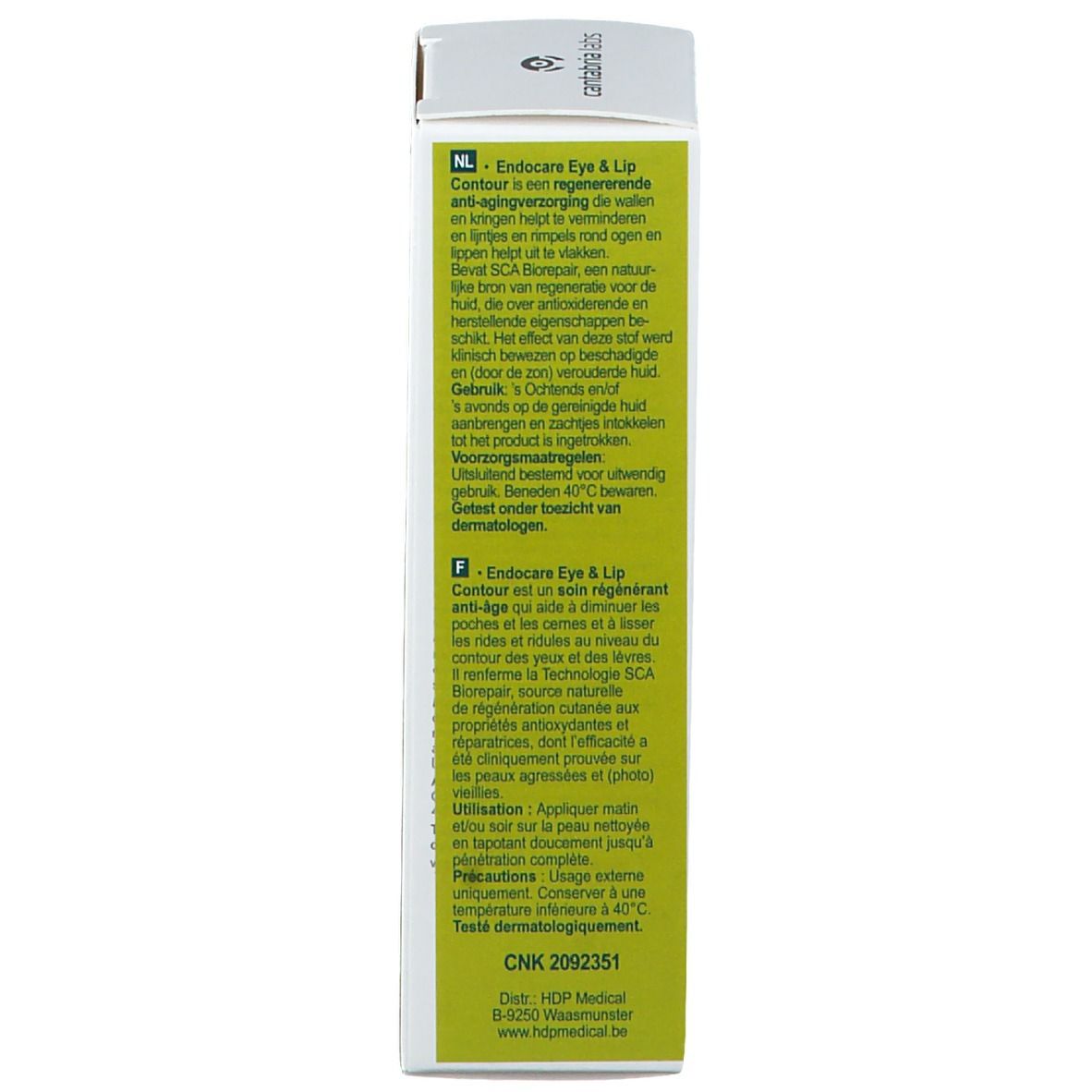 Achterkant van de productverpakking. Bevat informatie over het product. Merk: Endocare. Dermatologisch getest. CNK 2092351.