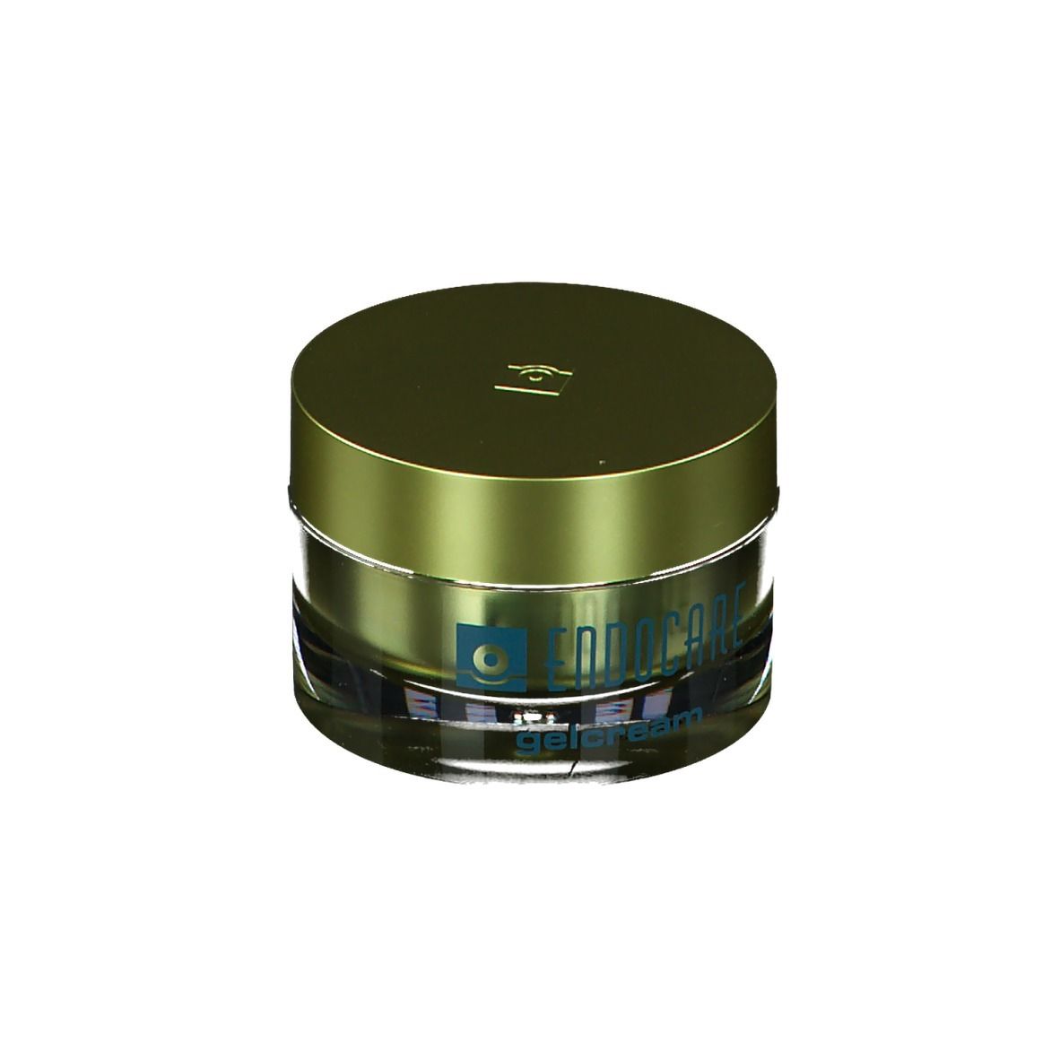 Pot rond avec couvercle doré. Inscription : Endocare Gelcrème. Impression verte.