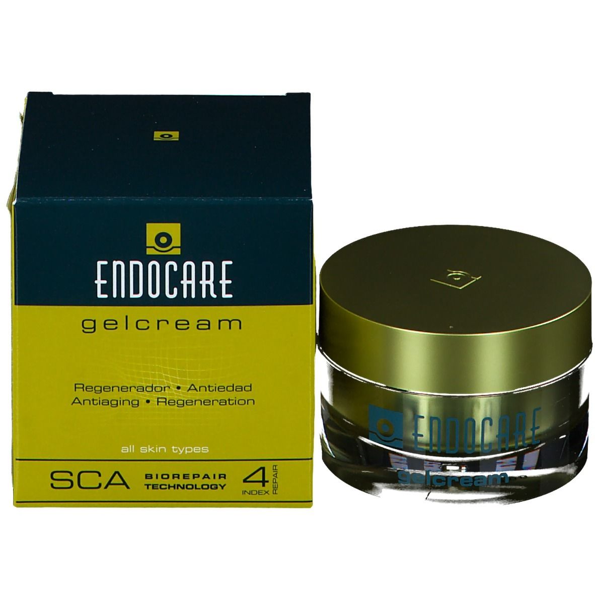 Emballage et pot du produit. Inscription : Endocare Gelcrème. Boîte avec texte vert et noir.