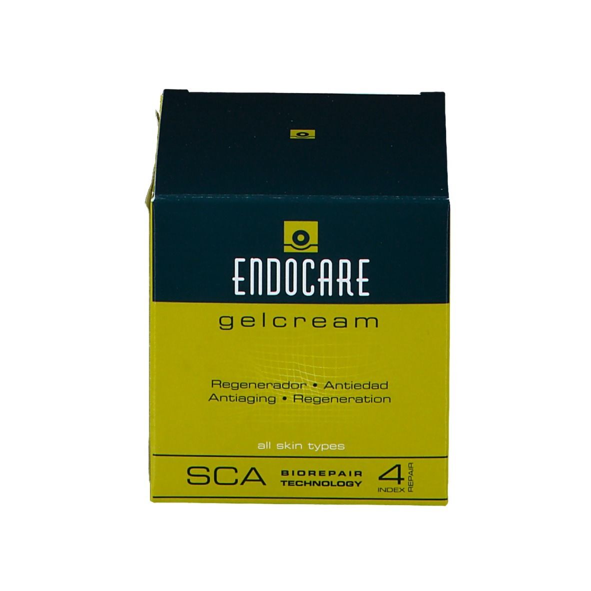 Emballage du produit. Inscription : Endocare Gelcrème. Boîte avec texte vert et noir.