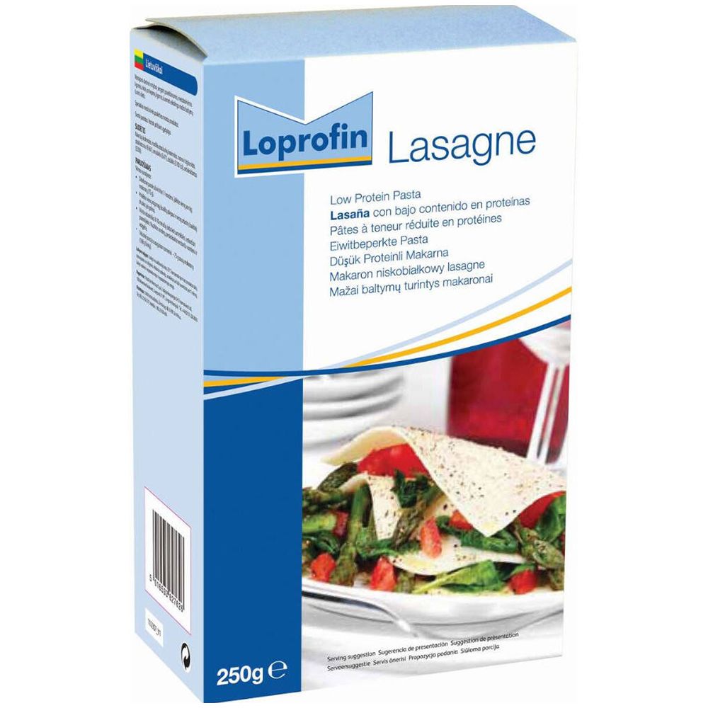 Boîte de Loprofin Lasagne. Emballage bleu et blanc avec image et texte. 250g.