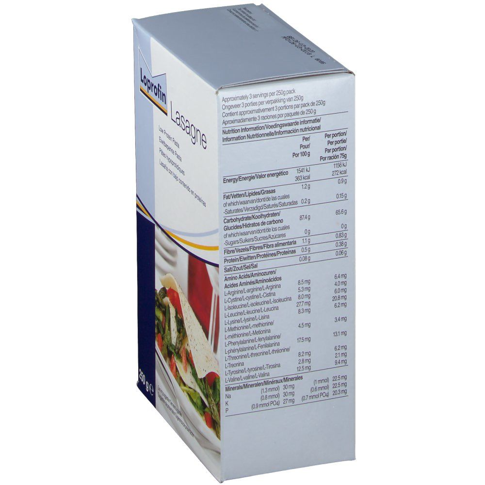 Boîte de Loprofin Lasagne. Côté avec informations nutritionnelles. 250g. Texte multilingue.