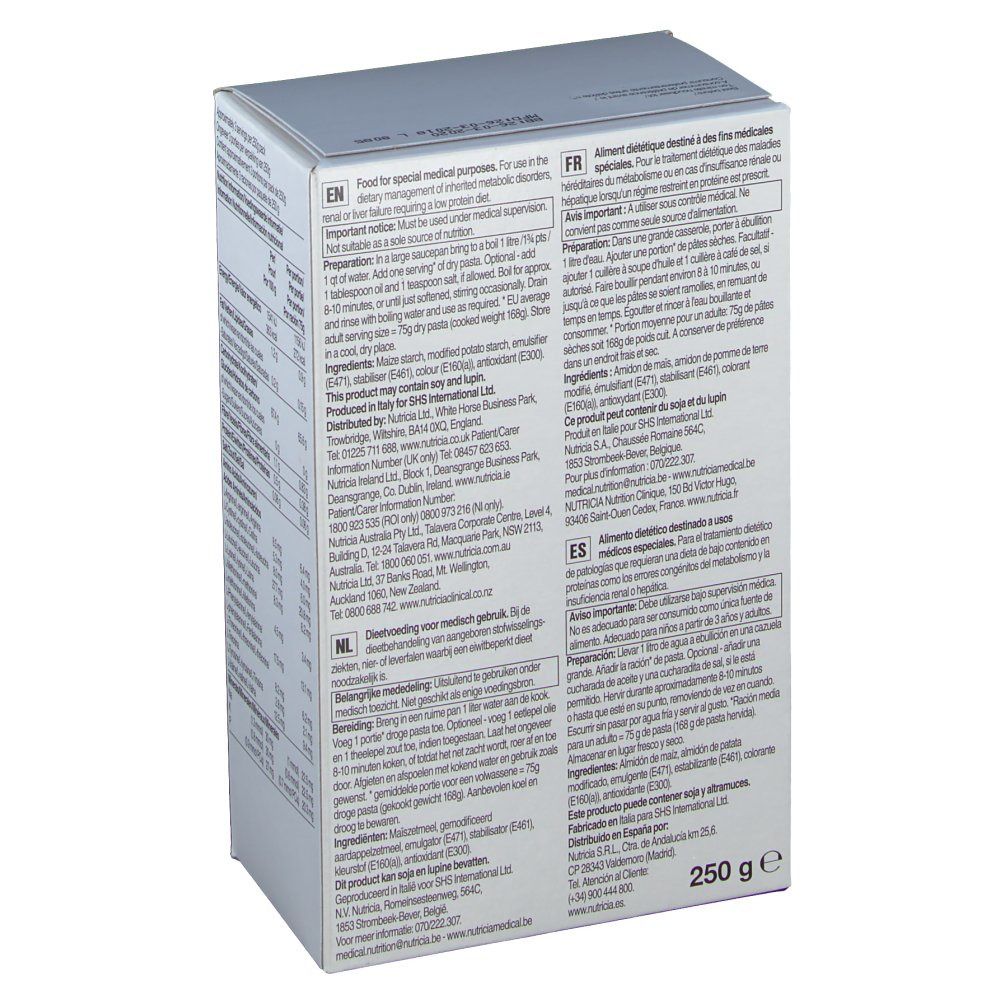 Boîte de Loprofin Lasagne. Dos avec texte multilingue. 250g.