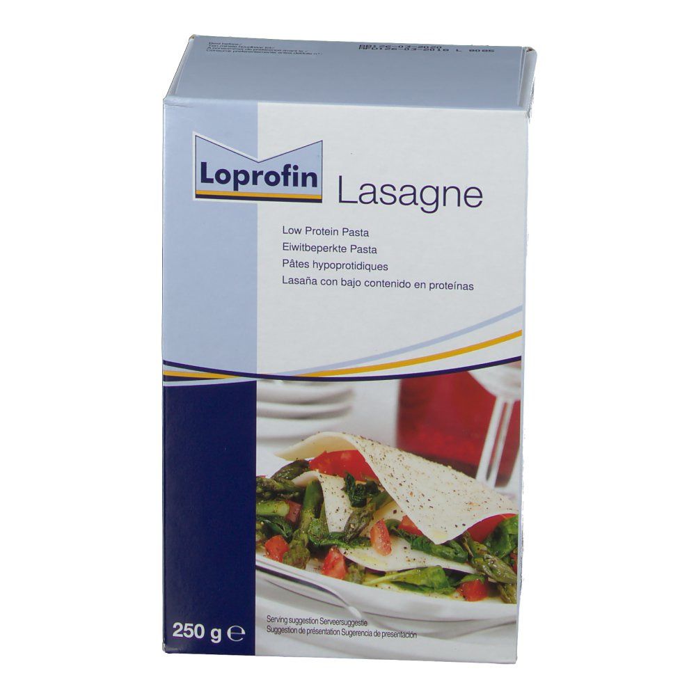 Boîte de Loprofin Lasagne. Emballage bleu et blanc avec image et texte. 250g.
