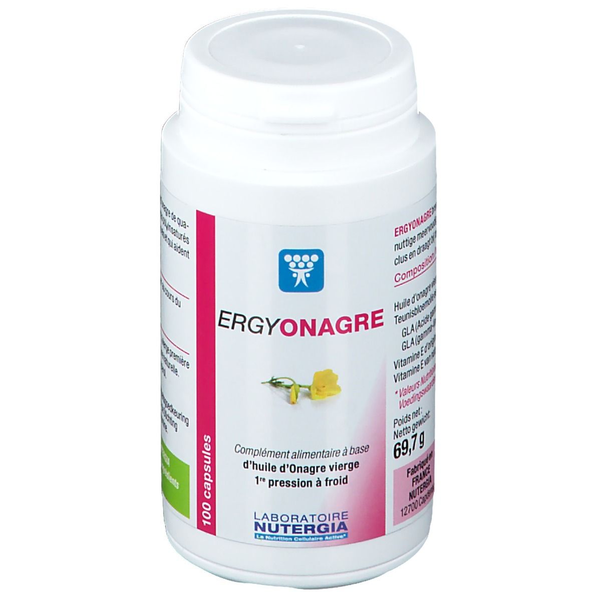 Flacon blanc ERGYONAGRE, 100 capsules. Complément alimentaire. Laboratoire Nutergia.