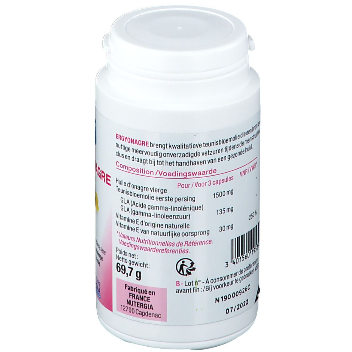 Flacon blanc avec informations produit. Ingrédients, valeurs nutritionnelles, poids 69,7 g.