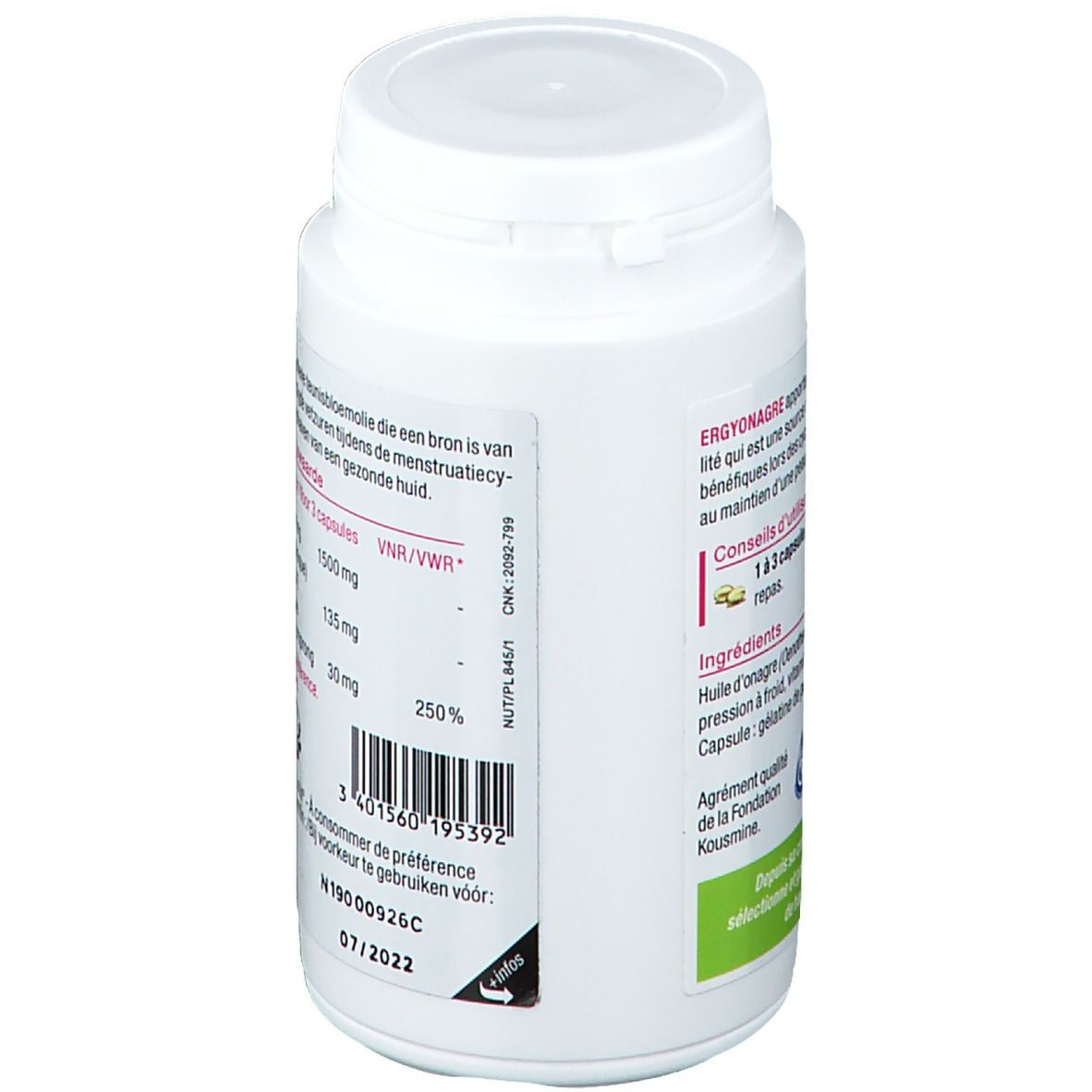 Flacon blanc avec informations produit. Ingrédients, dosage, numéro de lot.