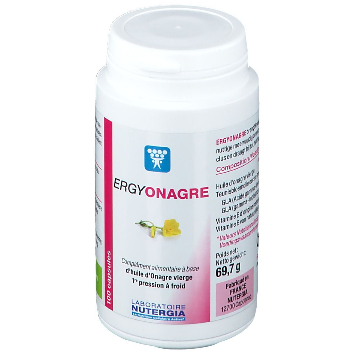 Flacon blanc ERGYONAGRE, 100 capsules. Complément alimentaire. Laboratoire Nutergia.