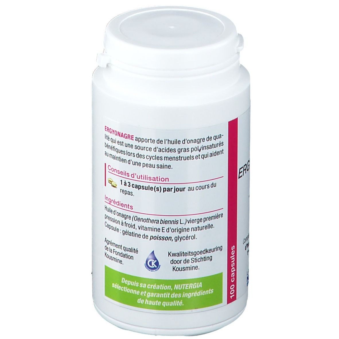 Flacon blanc avec informations produit. Ingrédients, dosage, label qualité.