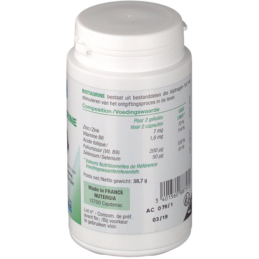 Flacon blanc avec étiquette. Texte: Biotaurine, NUTERGIA, ingrédients, valeurs nutritionnelles, Fabriqué en France.