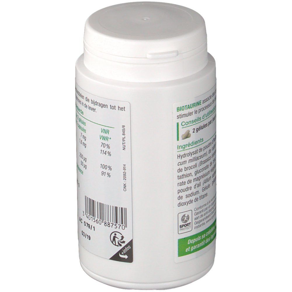 Flacon blanc avec étiquette. Texte: Biotaurine, NUTERGIA, ingrédients, 2 gélules par jour, Sport Protect.