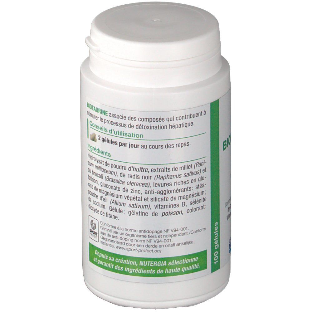 Flacon blanc avec étiquette. Texte: Biotaurine, NUTERGIA, 100 gélules, ingrédients, 2 gélules par jour, Sport Protect.