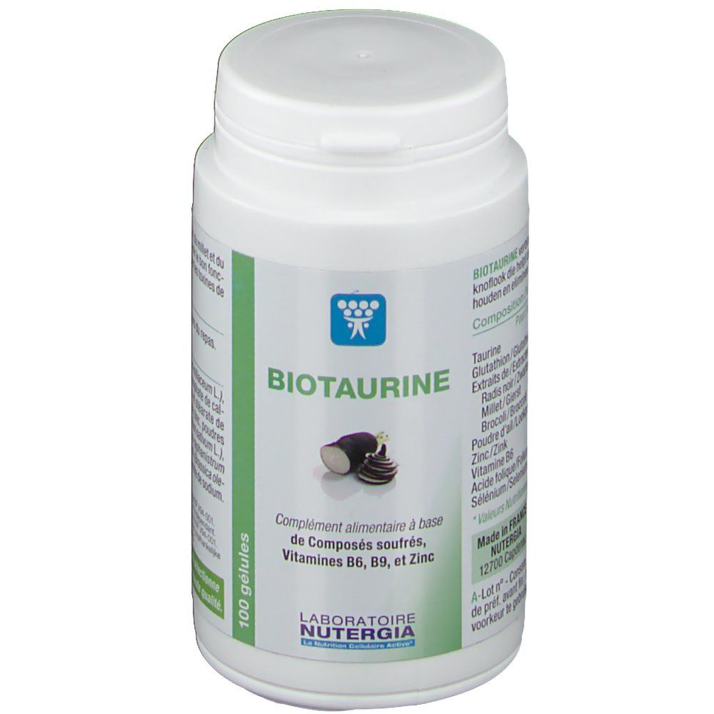 Flacon blanc avec étiquette. Texte: Biotaurine, NUTERGIA, 100 gélules, complément alimentaire.