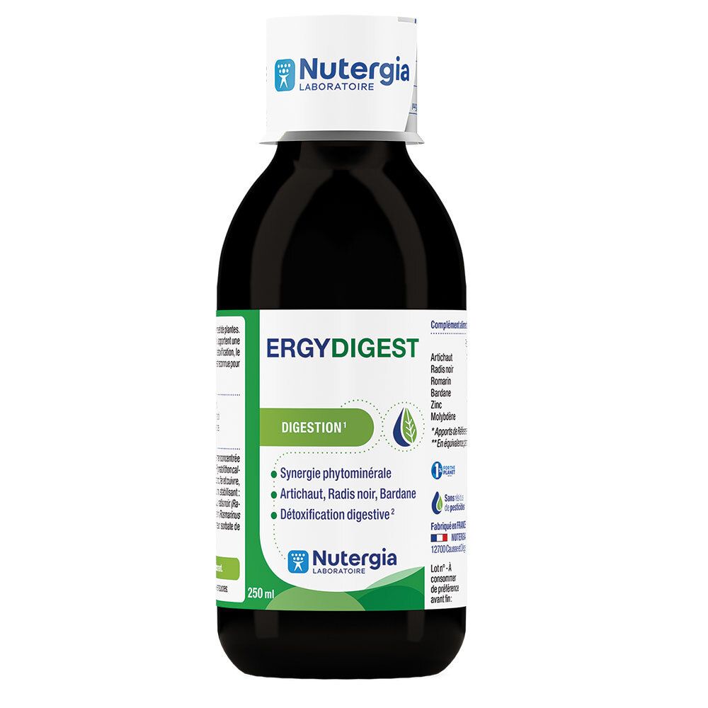 Flacon de liquide brun avec bouchon blanc. Inscription ERGYDIGEST, Nutergia. Étiquettes vertes avec texte.