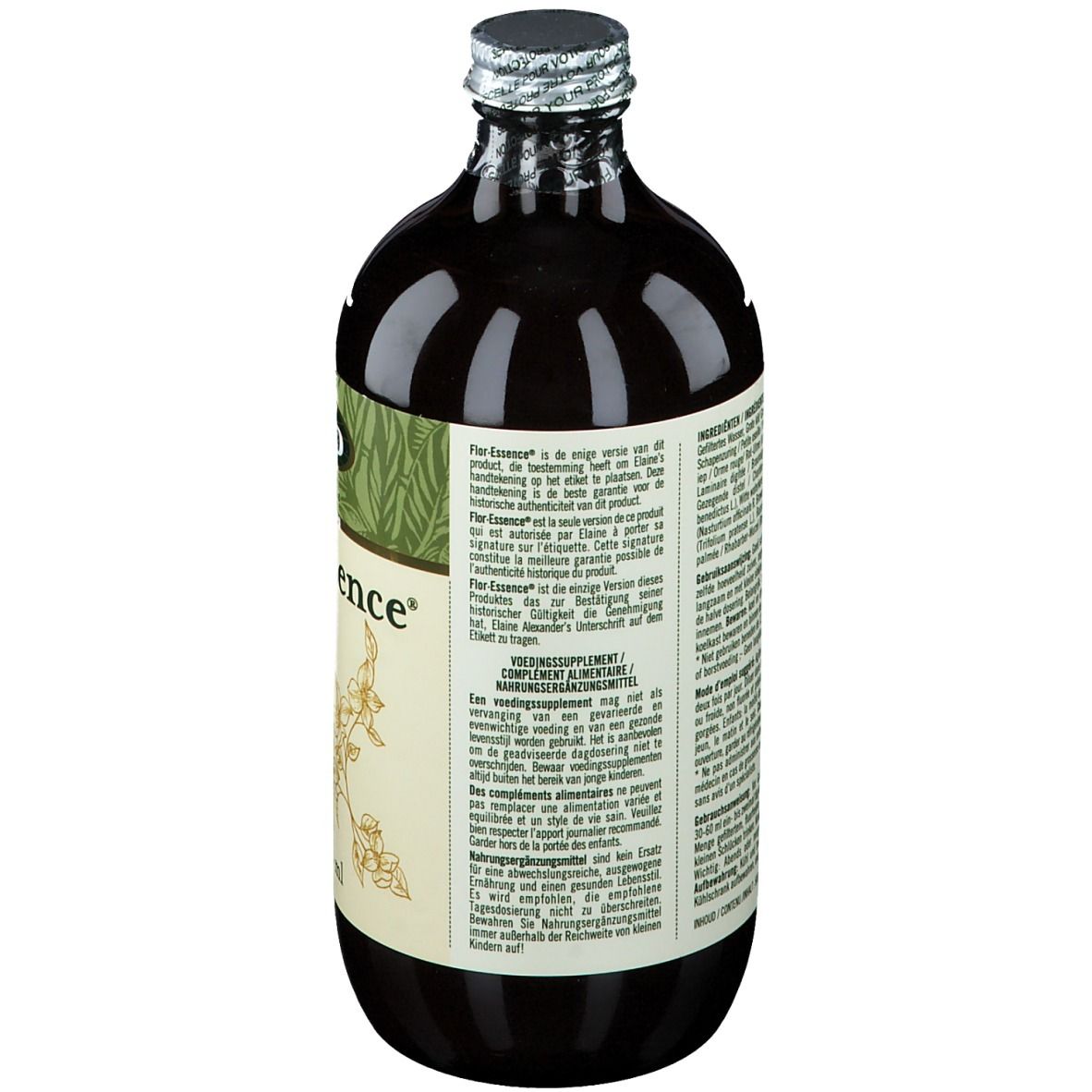 Rückseite der braunen Glasflasche mit Etikett. Text in mehreren Sprachen. Informationen zu Inhaltsstoffen und Anwendung.